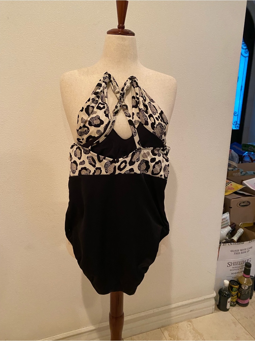 Black and White Halter Leopard-Print Womens swimsuit